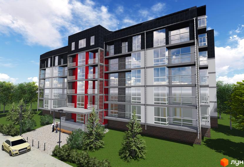 Житловий комплекс Хвиля - сучасна новобудова з панорамними вікнами та балконами. Прибудинкова територія з деревами та зоною відпочинку.