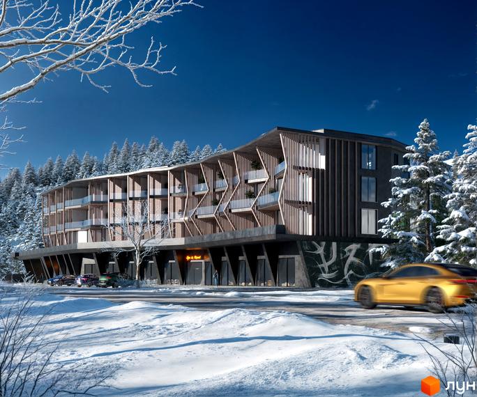 POVOLI Hotel - новобудова з дерев'яними фасадами та балконами в оточенні засніженого лісу. Біля комплексу розташована дорога з автомобілями та засніжена територія.