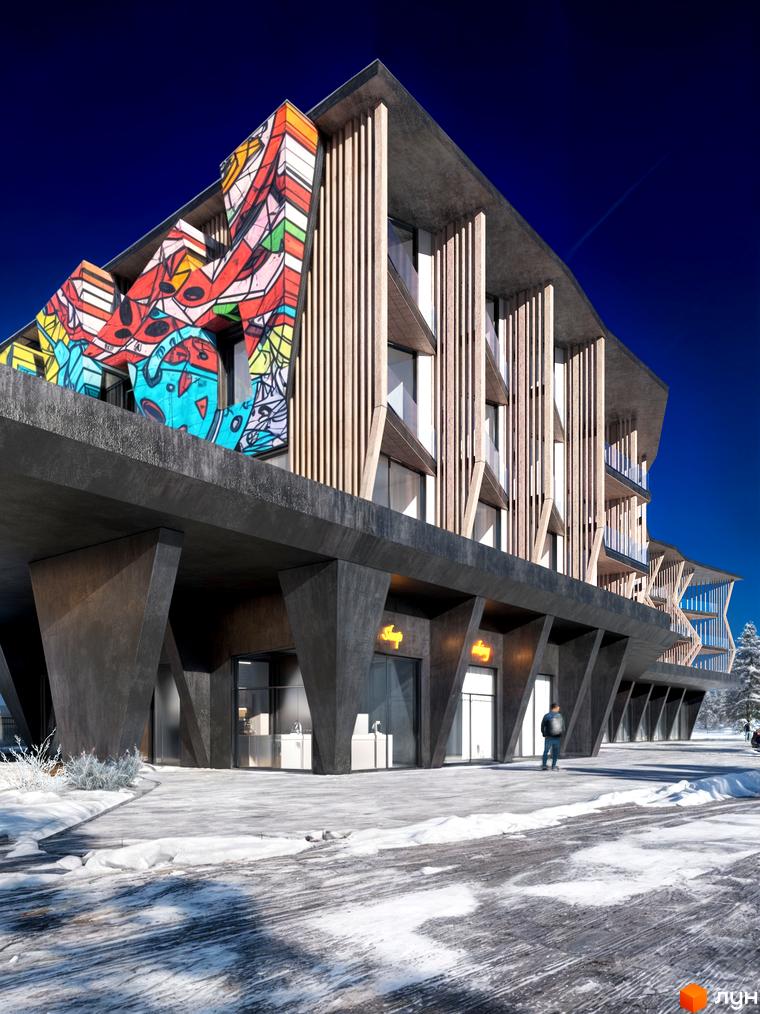 POVOLI Hotel - новобудова з яскравим муралом на фасаді, розташована на засніженій території з бетонними колонами та дерев'яними елементами.