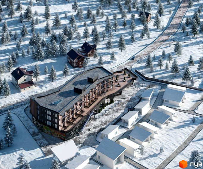POVOLI Hotel - комплекс з індивідуальними будиночками та головною будівлею в оточенні засніжених дерев. Навколо комплексу розташовані доглянуті доріжки та зелені насадження.
