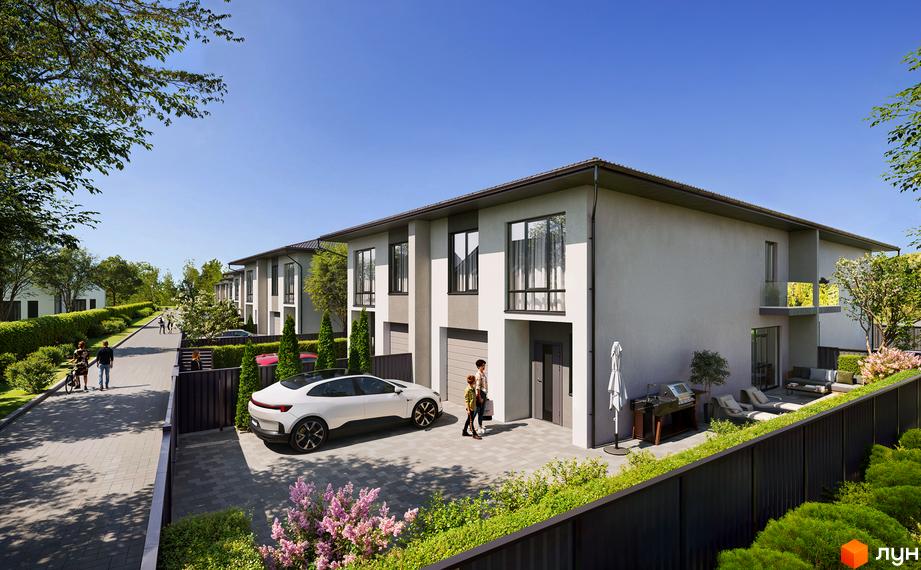 Таунхауси WEST TOWN XIII: двоповерхові будинки зі світлими фасадами та великими вікнами. Прибудинкова територія має вимощену дорогу, зелені насадження та зону відпочинку.