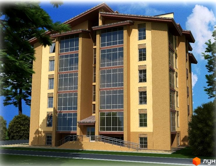 Житловий комплекс Парковий: фасад будинку з великими вікнами та балконами, зелена прибудинкова територія з деревами.