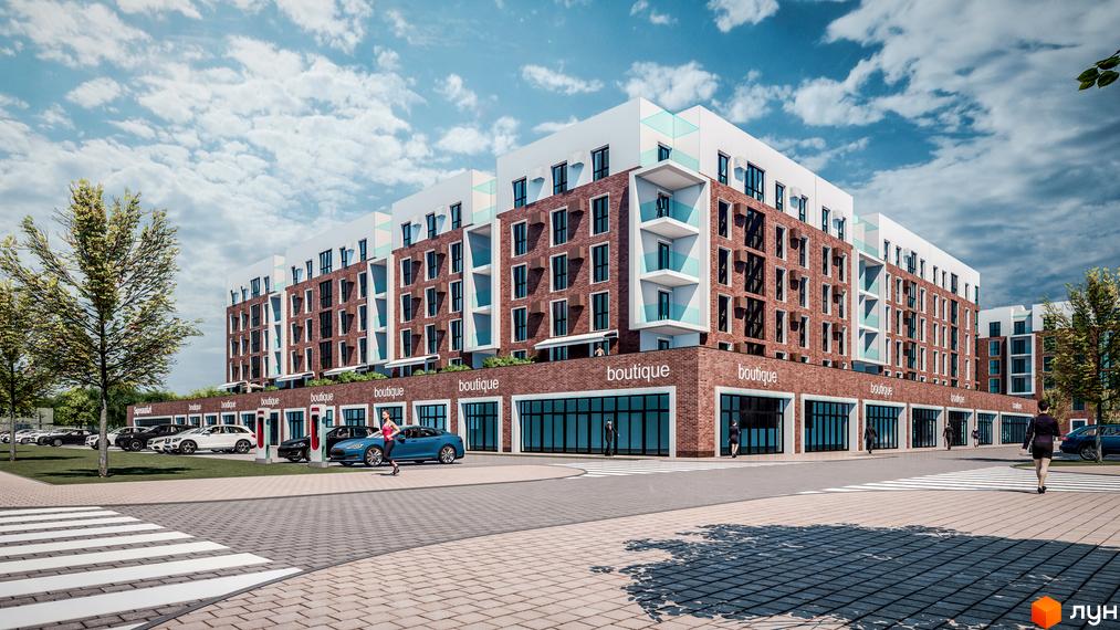 Фасад Житлового комплексу Володимир Сіті з цегли та білого кольору, з великими вікнами та балконами. На першому поверсі розташовані магазини та парковка.