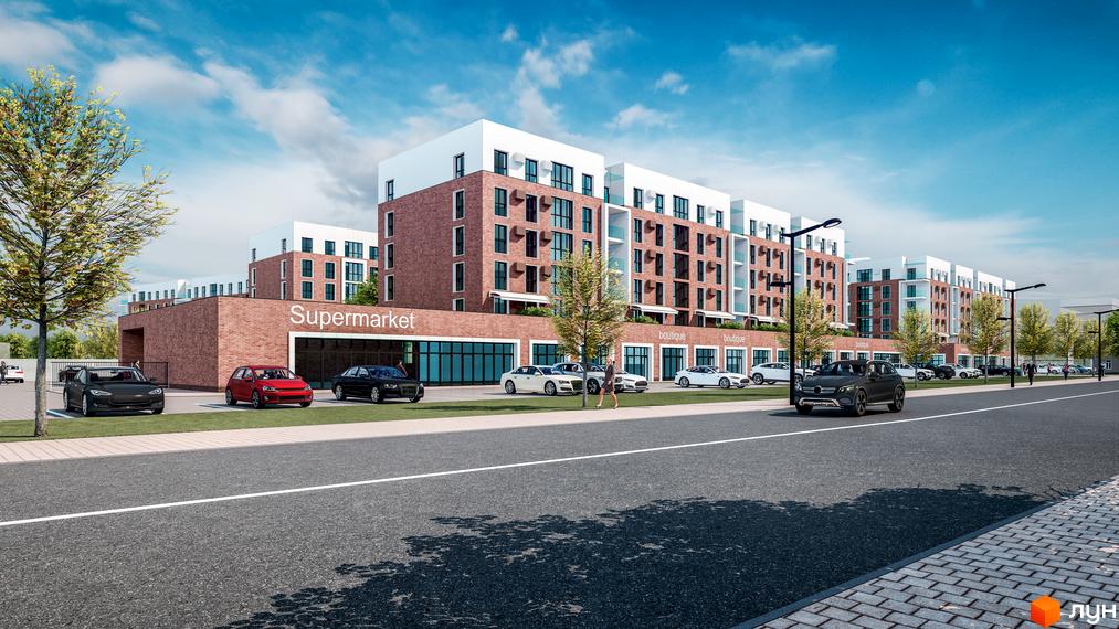 Зображення житлового комплексу з цегляними фасадами та великими вікнами. На передньому плані дорога та припарковані автомобілі, а також зелена зона.