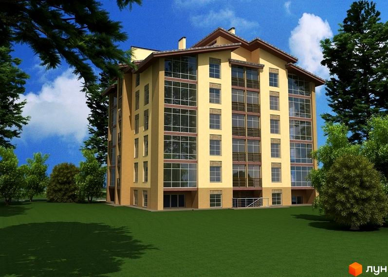 Житловий комплекс Парковий: шестиповерхова жовта новобудова з великими вікнами та балконами, оточена зеленими деревами та газоном.