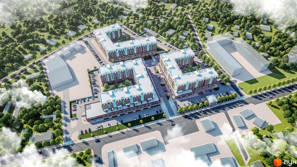 Житловий комплекс Володимир Сіті: аерофотознімок багатоповерхових будинків з червоними фасадами та білими дахами, оточених зеленими насадженнями та парковками.