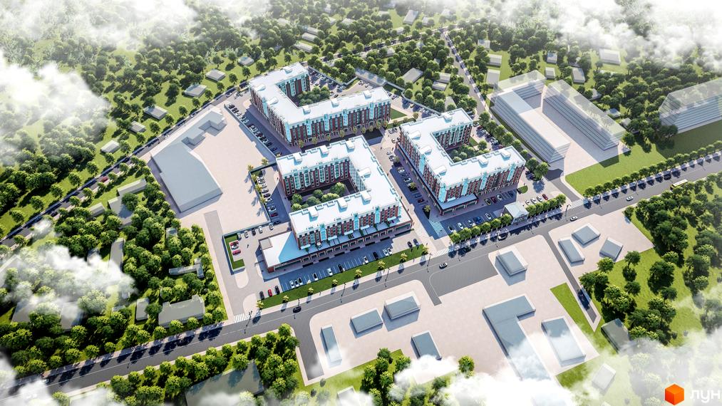 Аерофото Житлового комплексу Володимир Сіті: три Г-подібні будинки з червоно-коричневими фасадами, оточені парковками та великою кількістю дерев.