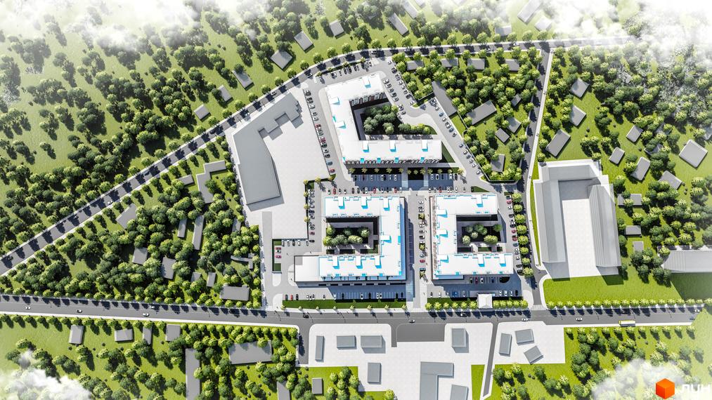 Аерофотознімок Житлового комплексу Володимир Сіті з білими багатосекційними будинками, що утворюють внутрішні двори з деревами. Навколо багато зелених насаджень та доріг.