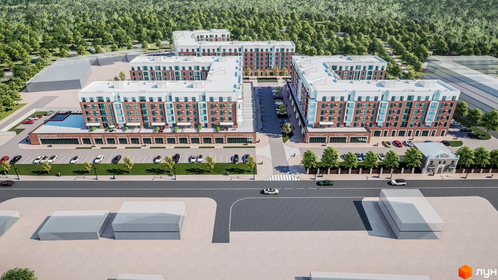 Високоповерхова новобудова Володимир Сіті з фасадом з цегли та білими елементами. На прибудинковій території є парковка та зелені насадження.