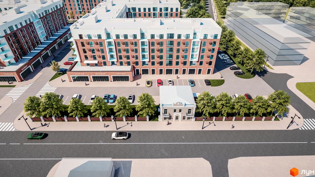 Житловий комплекс Володимир Сіті: багатоповерхові будинки з цегляними фасадами, магазинами на першому поверсі, парковками та зеленими насадженнями.