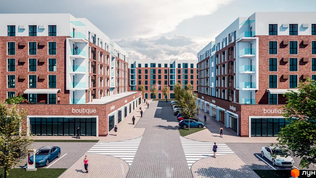 Житловий комплекс Володимир Сіті: багатоповерхові будинки з цегляними фасадами та балконами. Навколо розташовані магазини, пішохідні зони та парковка.