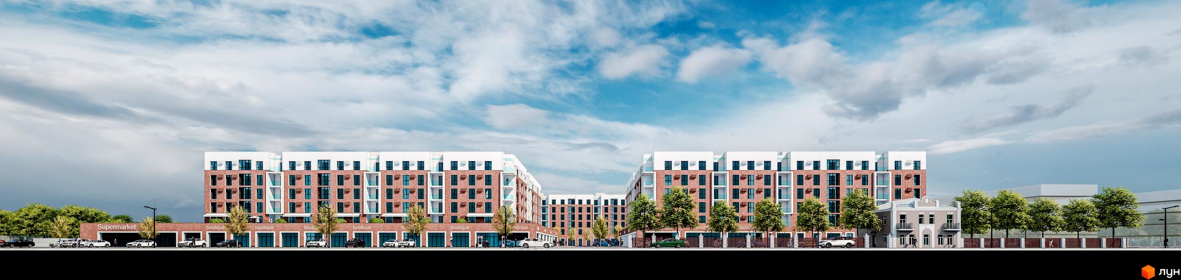 Багатоповерховий будинок з червоної цегли з магазинами на першому поверсі та прилеглою територією з деревами. ЖК Володимир Сіті.