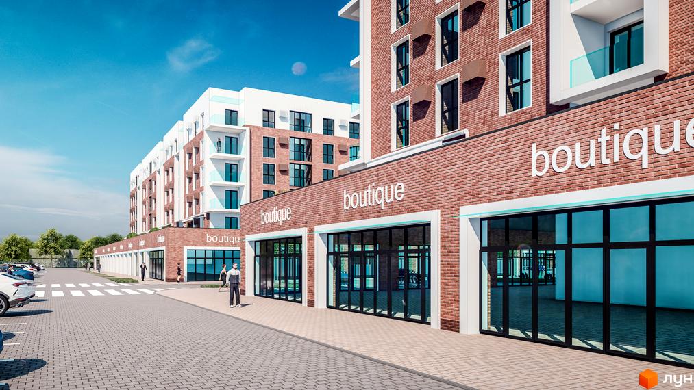 Житловий комплекс Володимир Сіті з цегляними фасадами та комерційними приміщеннями на першому поверсі. Поруч облаштована пішохідна зона та парковка.