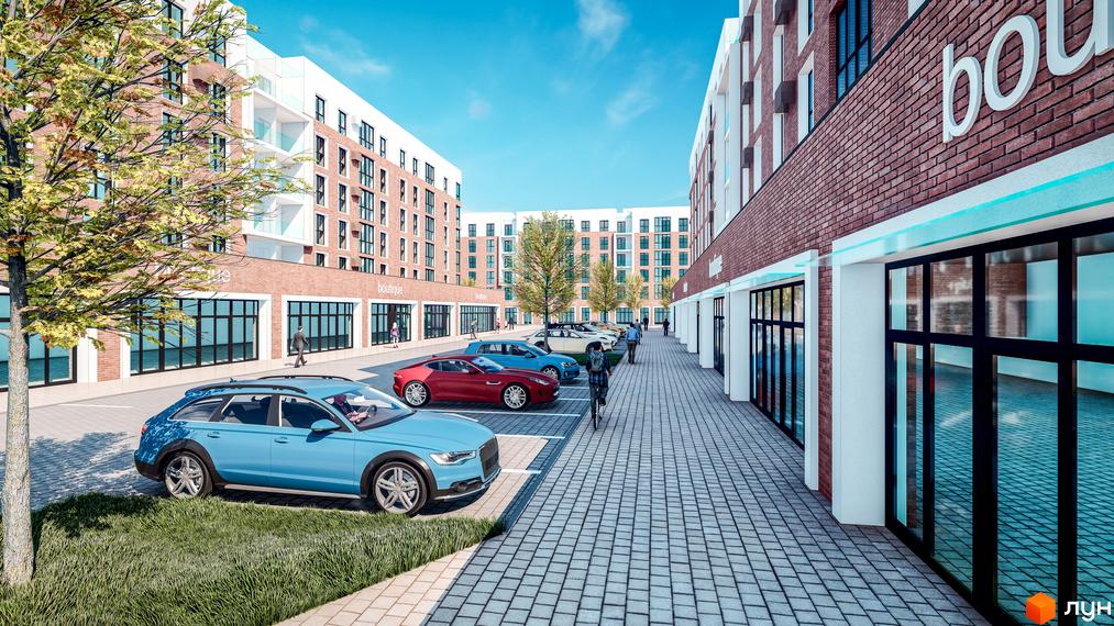 Житловий комплекс Володимир Сіті має цегляні фасади та комерційні приміщення на першому поверсі. Прибудинкова територія облаштована паркінгом, пішохідними доріжками та деревами.