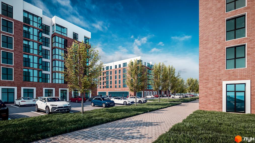 Житловий комплекс Володимир Сіті: багатоповерхові будинки з цегляними фасадами та великими вікнами. Прибудинкова територія має парковку, газони та дерева.