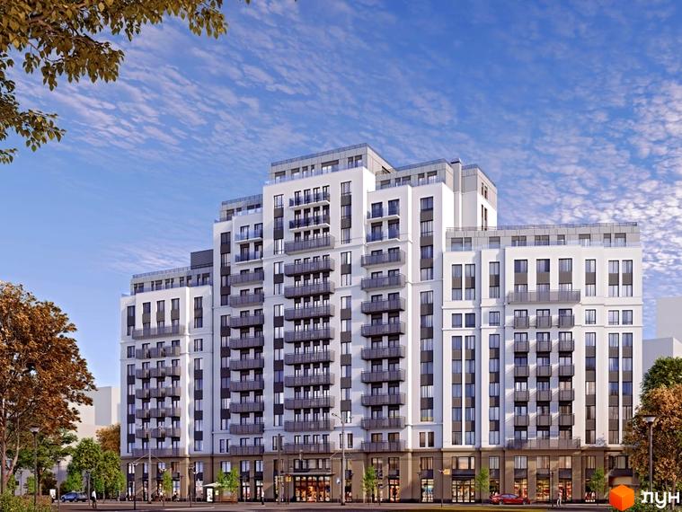 Новобудова Перший Французький - це багатоповерховий будинок з балконами та великими вікнами, розташований на тлі блакитного неба з хмарами. Перед будинком знаходиться міська вулиця з деревами та освітленням.