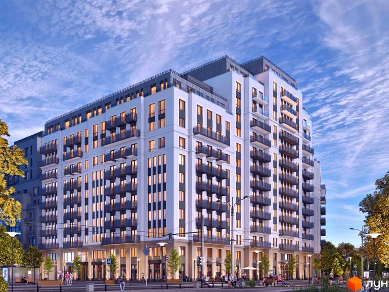 Житловий комплекс Перший Французький - це багатоповерхова новобудова з балконами та великою кількістю вікон. Територія навколо будинку озеленена деревами та має пішохідні зони.