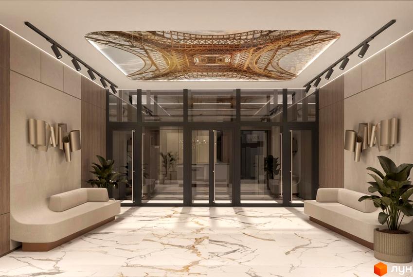 Дизайн холу житлового комплексу Перший Французький з диванами та рослинами. Оздоблення стін та підлоги мармуром, стеля з зображенням Ейфелевої вежі.