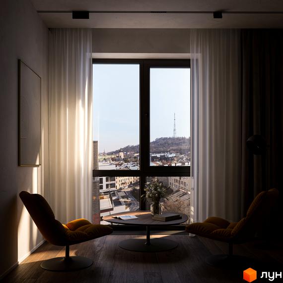 Інтер'єр вітальні з двома кріслами та журнальним столиком, велике вікно з видом на місто та телевежу.