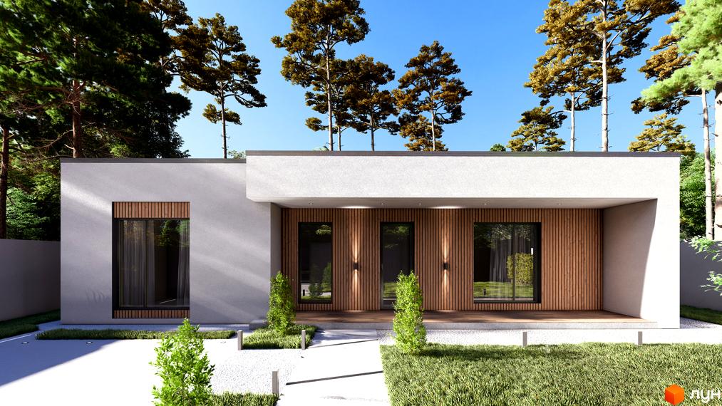 Одноповерховий будинок з дерев'яною обробкою фасаду та великими вікнами. На території газон, біла доріжка та зелені насадження.