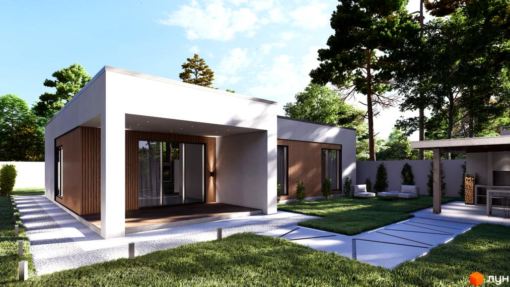 Сучасний будинок з білими стінами та дерев'яними панелями на фасаді. На прибудинковій території газон, доріжки з каменю та зелені насадження.