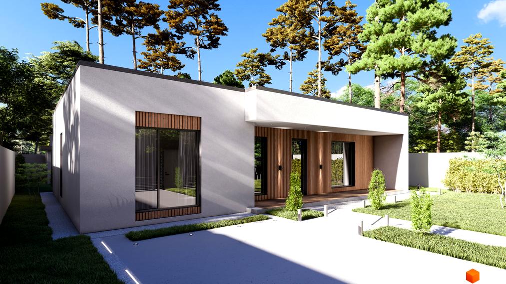 Одноповерховий будинок з великими вікнами та дерев'яним оздобленням фасаду. На території газон, доріжки та дерева.