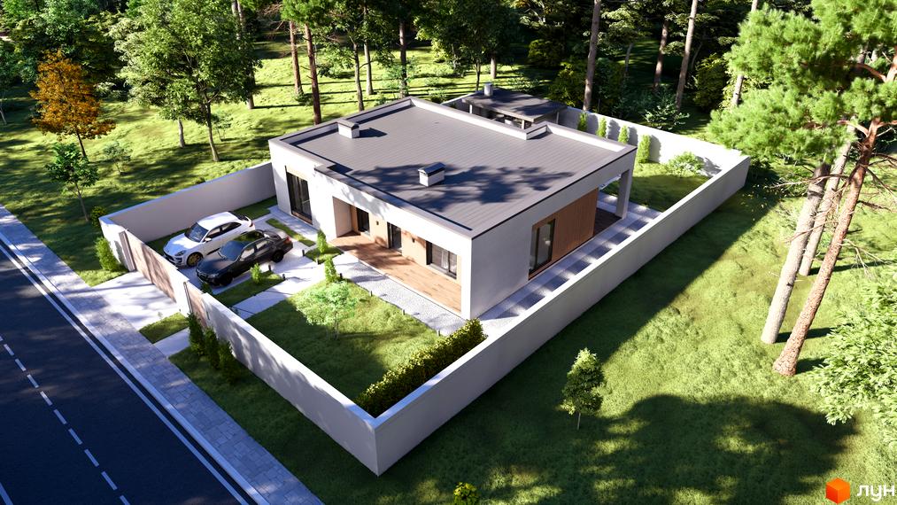 Одноповерховий будинок з плоским дахом та великими вікнами. На території будинку є газон, дерева та парковка для автомобілів.