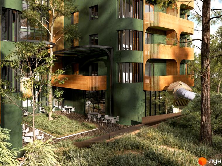 Апарт-готель „Оселія“ з фасадом зеленого кольору та дерев'яними балконами, інтегрований у природне оточення з деревами та зеленню.