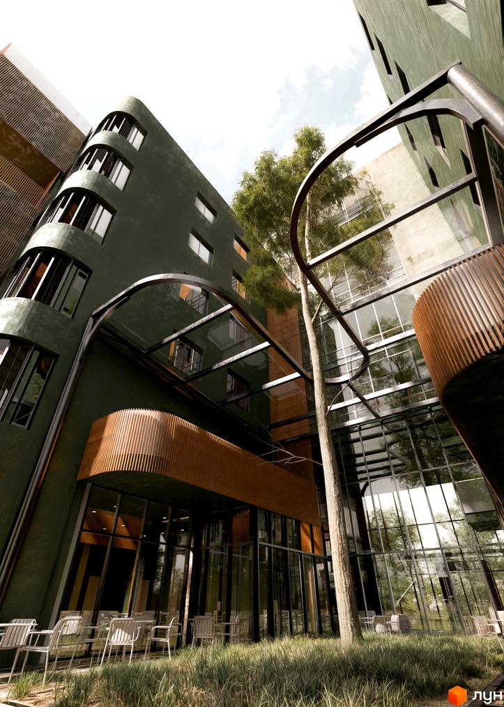 Фасад Апарт-готелю „Оселія“ з вигнутими лініями, дерев'яними панелями та скляними вікнами. Прибудинкова територія з травою та вуличними меблями.