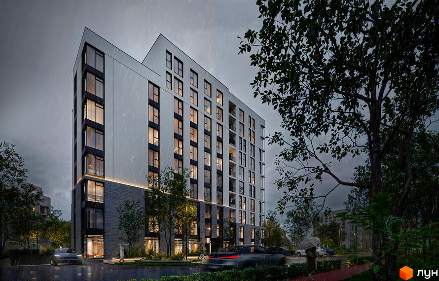 Зображення фасаду багатоповерхового будинку Житлового комплексу Moro в дощову погоду. Навколо будинку зелені насадження та припарковані автомобілі.