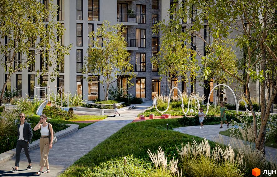 Фасади Житлового комплексу Moro виконані з комбінації світлих та темних матеріалів. Прибудинкова територія має зелені зони, доріжки та дитячий майданчик.