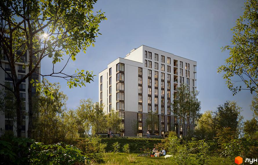 Зображення фасаду та прибудинкової території Новобудови Moro. На передньому плані зелений газон з відпочиваючими людьми.