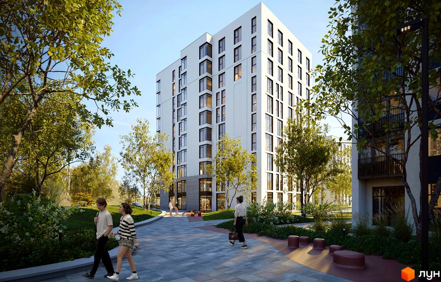 Зображення фасаду багатоповерхового будинку в Житловому комплексі Moro. На передньому плані пішохідна зона з деревами та відпочивальниками.