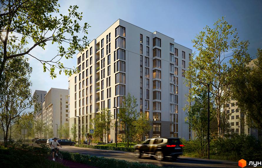 Зображення фасаду багатоповерхового будинку Житлового комплексу Moro з великими вікнами та прилеглою зеленою територією.