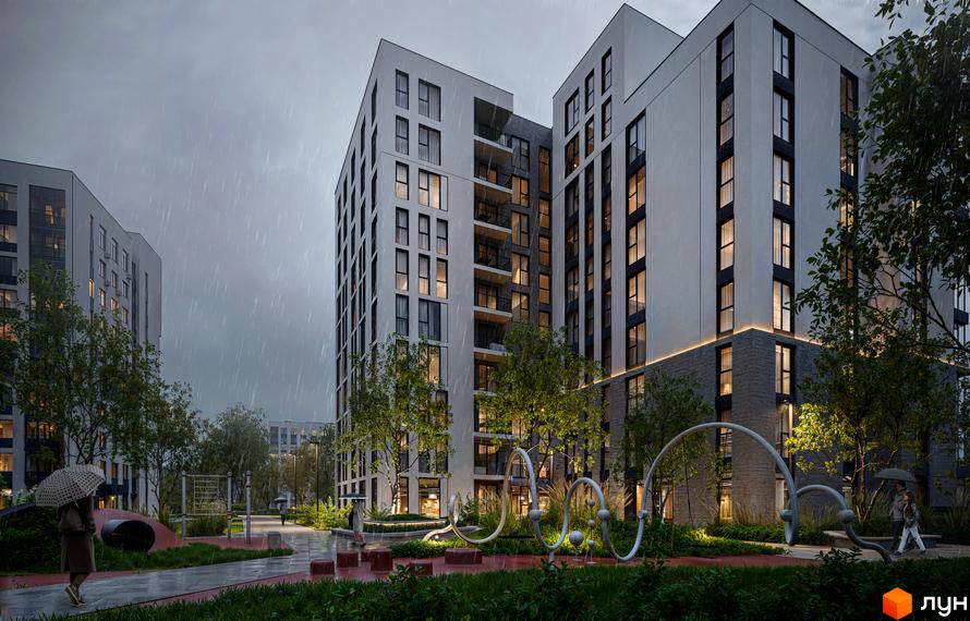 Зображення фасаду та подвір'я Житлового комплексу Moro в дощову погоду. На передньому плані розташовані зелені насадження та дитячий майданчик.