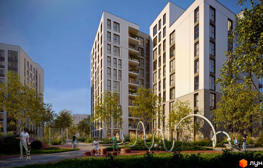 Зображення багатоповерхового будинку в Житловому комплексі Moro з облаштованим подвір'ям для відпочинку та ігор.