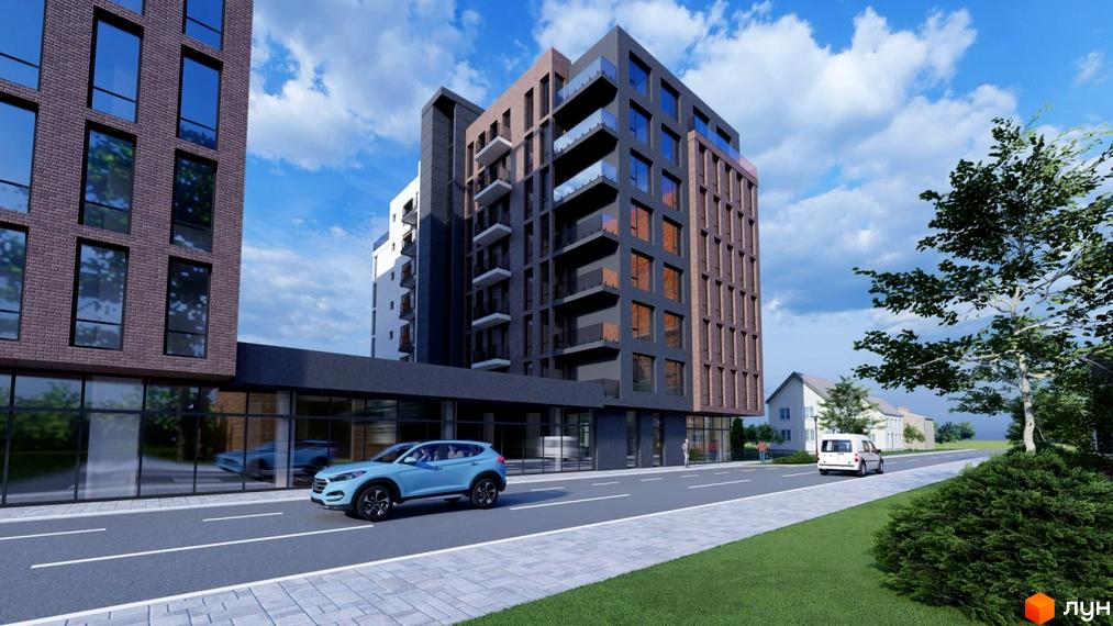 Житловий комплекс Liberty Gardens: багатоповерхові будинки з темними фасадами, великими вікнами. Поруч дорога, тротуар та зелені зони.