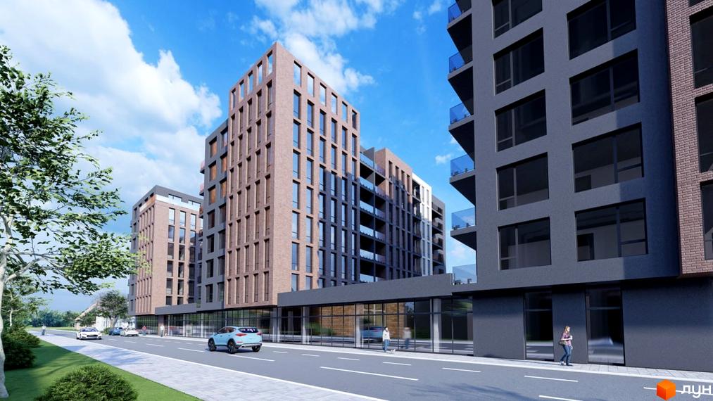 Житловий комплекс Liberty Gardens з багатоповерховими будинками цегляного та темного кольору, великими вікнами. Поруч дорога, тротуар та зелені зони.