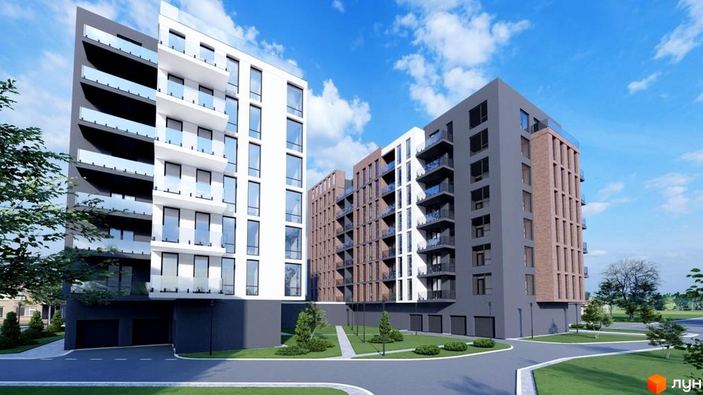 Багатоповерховий будинок ЖК Liberty Gardens з білими та сірими фасадами, скляними балконами та доглянутою прибудинковою територією з газонами та деревами.