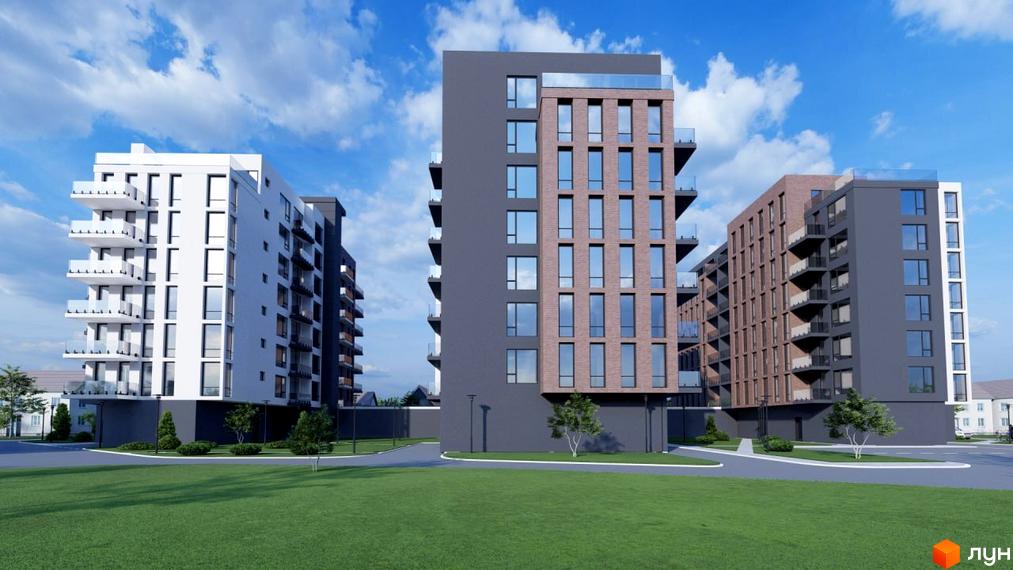 Багатоповерхові будинки з скляними балконами та фасадами з цегли та темного кольору. На передньому плані зелена трава та дерева, блакитне небо з хмарами.