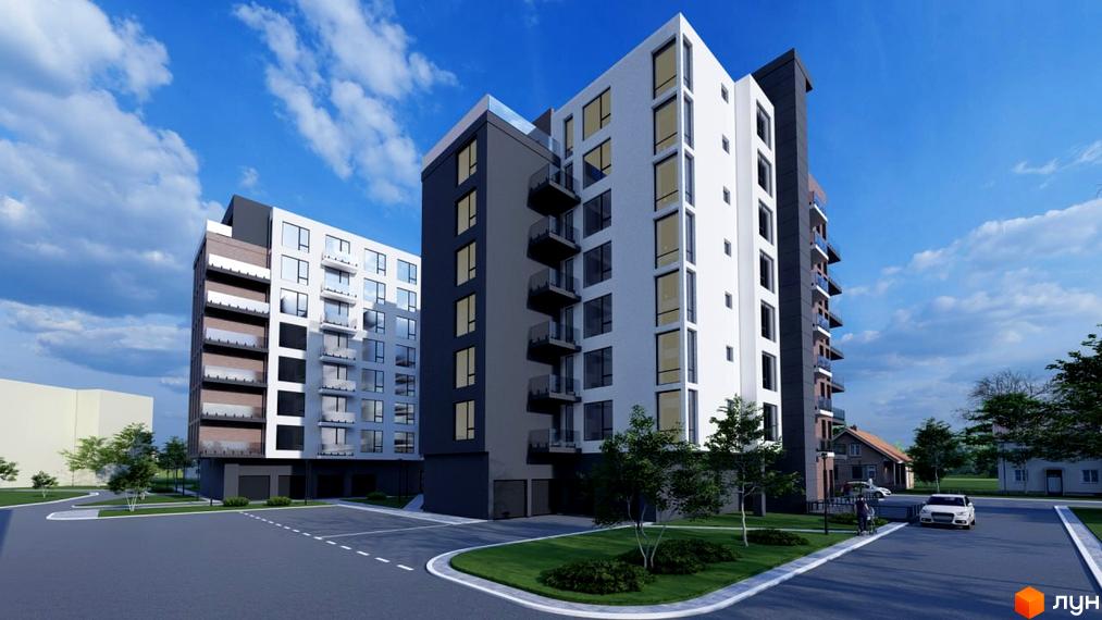 Високоповерховий будинок ЖК Liberty Gardens з панорамними вікнами та балконами, на прибудинковій території є зелені насадження та парковка.