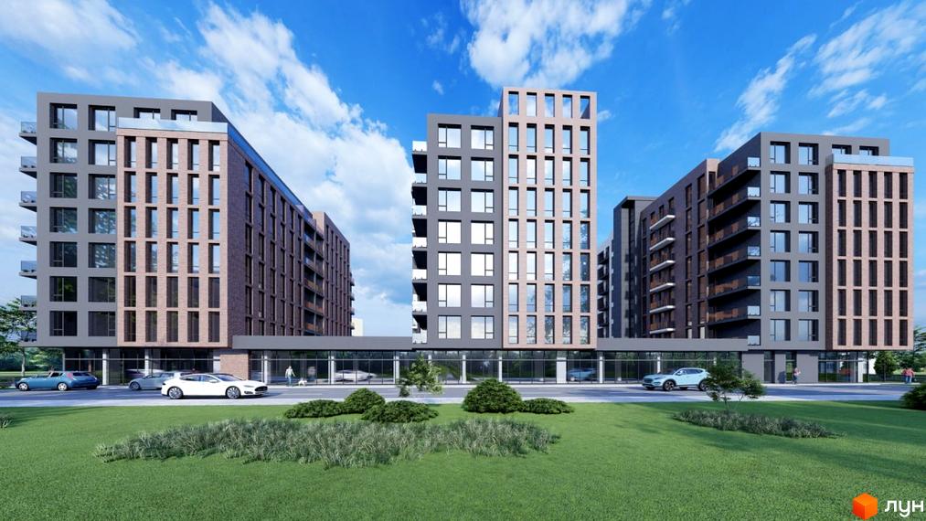 Зображення сторінки житлового комплексу Liberty Gardens. Високі будинки з панорамними вікнами та балконами. На передньому плані зелена трава та кущі.