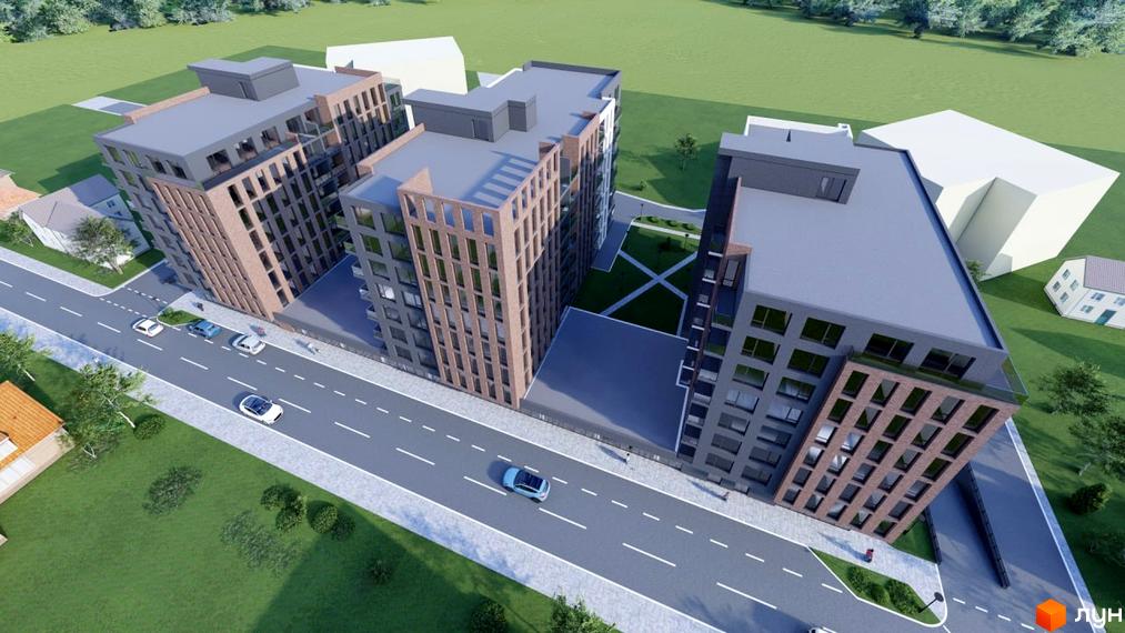 Житловий комплекс Liberty Gardens: багатоповерхові будинки з комбінованими фасадами сірого кольору та цегляними елементами, поруч дорога та зелені насадження.