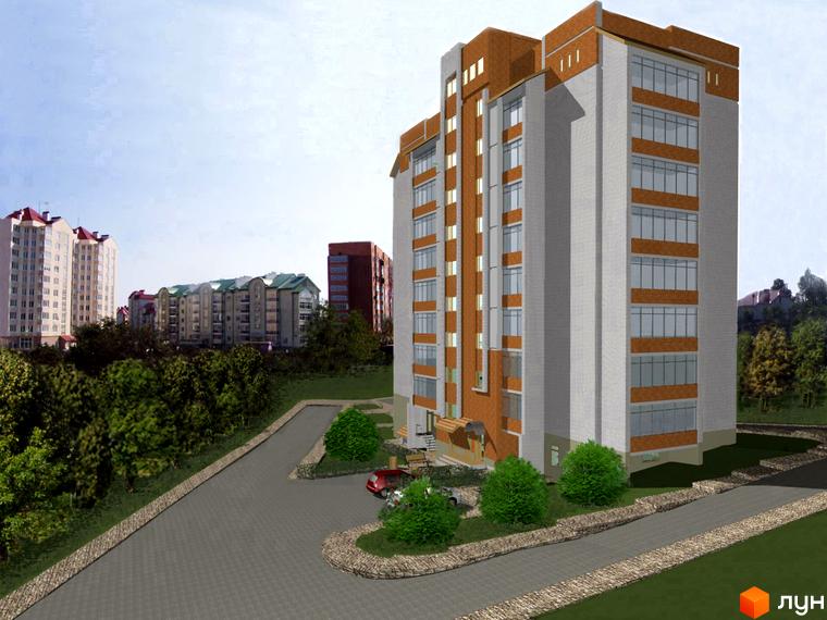 Будівельний проєкт на вул. Данилишиних: багатоповерховий будинок з цегляним оздобленням та великими вікнами, прибудинкова територія з доріжками та зеленими насадженнями.