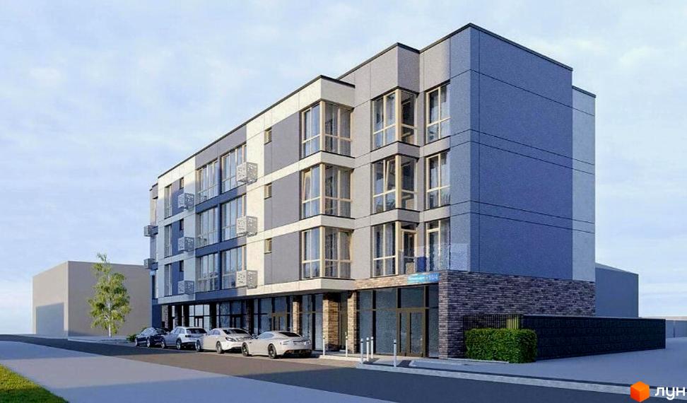 Зовнішній вигляд новобудови на вул. Степана Бандери, 1ж, з автомобілями та деревом на прибудинковій території.