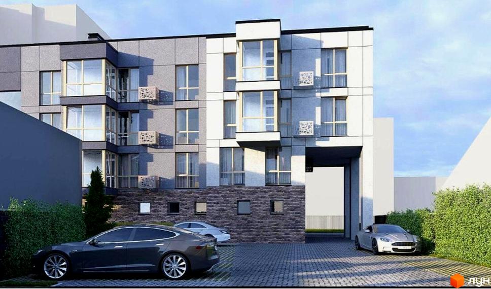 Зовнішній вигляд новобудови на вул. Степана Бандери, 1ж, з прибудинковою територією та автомобілями.