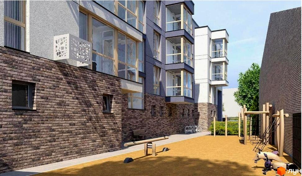 Зовнішній вигляд житлового комплексу на вул. Степана Бандери, 1ж з цегляним фасадом та прибудинковою територією з дитячим майданчиком. Опис новобудови.