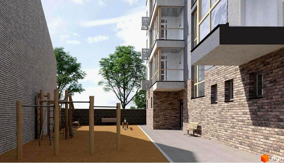 Зовнішній вигляд новобудови на вул. Степана Бандери, 1ж з дитячим майданчиком та зонами відпочинку. Огляд фасаду та прибудинкової території.