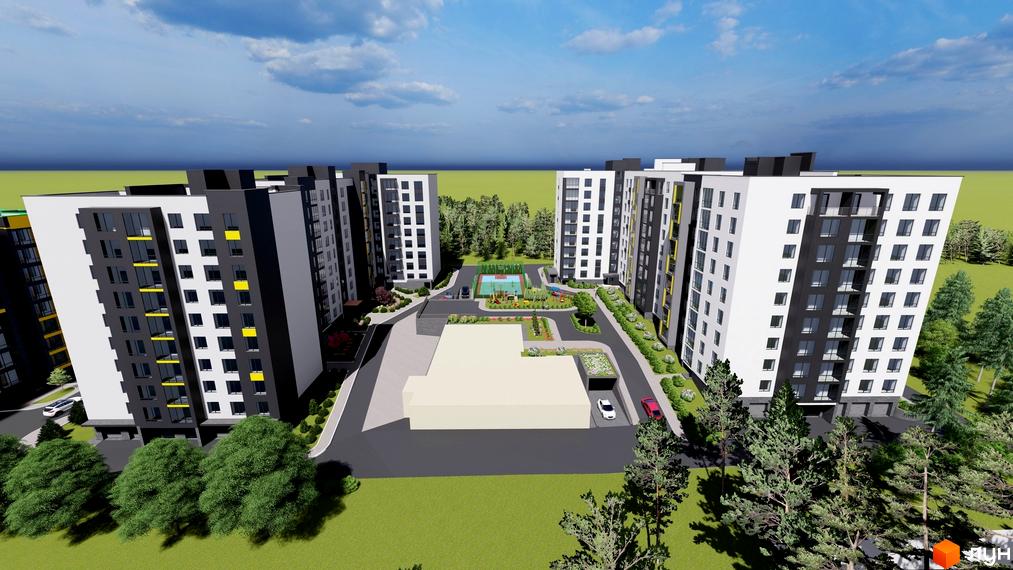 Житловий комплекс Нові Байківці: висотні будинки з білими та чорними фасадами, велика прибудинкова територія з дитячим майданчиком та зеленими насадженнями.