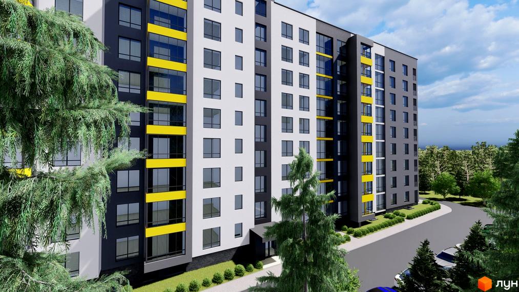 Багатоповерховий будинок ЖК Нові Байківці з панорамними вікнами та жовтими вставками на фасаді. На прибудинковій території є зелені насадження та парковка.